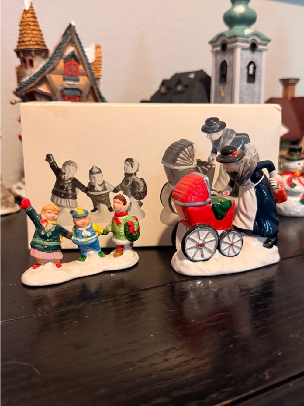 Dept 56 Snow Village “Nanny and the Preschoolers” set of 2 hand painted ceramics